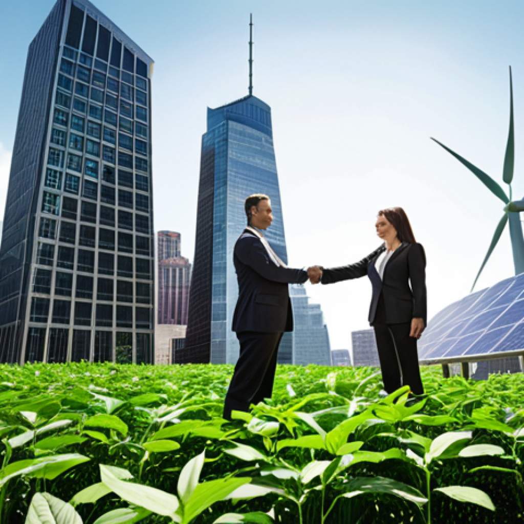 **Prompt:** A bustling financial district with green leaves sprouting from skyscrapers, symbolizing ESG investing. A green bond certificate is prominently displayed. Investors in suits are shaking hands, signifying deals that prioritize sustainability. Solar panels and wind turbines are subtly integrated into the cityscape background. The overall mood is optimistic and forward-looking, representing the rise of green finance.