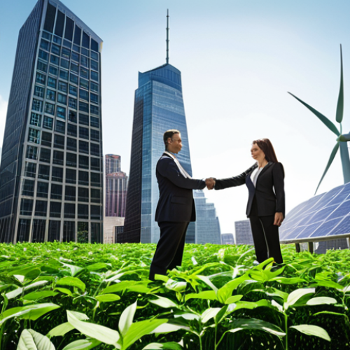 Home 15 **Prompt:** A bustling financial district with green leaves sprouting from skyscrapers, symbolizing ESG investing. A green bond certificate is prominently displayed. Investors in suits are shaking hands, signifying deals that prioritize sustainability. Solar panels and wind turbines are subtly integrated into the cityscape background. The overall mood is optimistic and forward-looking, representing the rise of green finance.