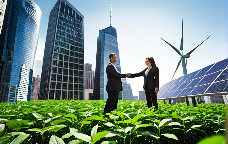 **Prompt:** A bustling financial district with green leaves sprouting from skyscrapers, symbolizing ESG investing. A green bond certificate is prominently displayed. Investors in suits are shaking hands, signifying deals that prioritize sustainability. Solar panels and wind turbines are subtly integrated into the cityscape background. The overall mood is optimistic and forward-looking, representing the rise of green finance.