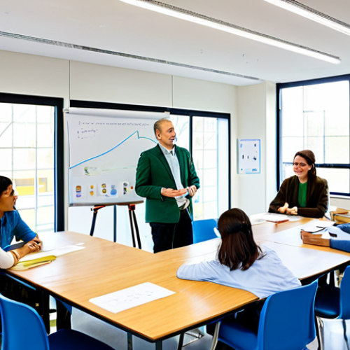Home 7 A diverse group of adult students, male and female, of various ethnicities, engaged in a collaborative learning session. Each student is fully clothed in professional yet practical, modest casual attire, such as neat shirts, blouses, trousers, and skirts. They are in a bright, modern university classroom or training center. The room features large windows, ergonomic tables, and whiteboards displaying complex diagrams related to renewable energy systems and sustainable design. Small, clean models of wind turbines and solar panels are visible on a table, suggesting hands-on learning. The atmosphere is collaborative and focused, depicting individuals acquiring vital green skills for a sustainable future. perfect anatomy, correct proportions, natural poses, well-formed hands, proper finger count, natural body proportions, professional photography, high quality, appropriate content, safe for work, fully clothed, modest, family-friendly.