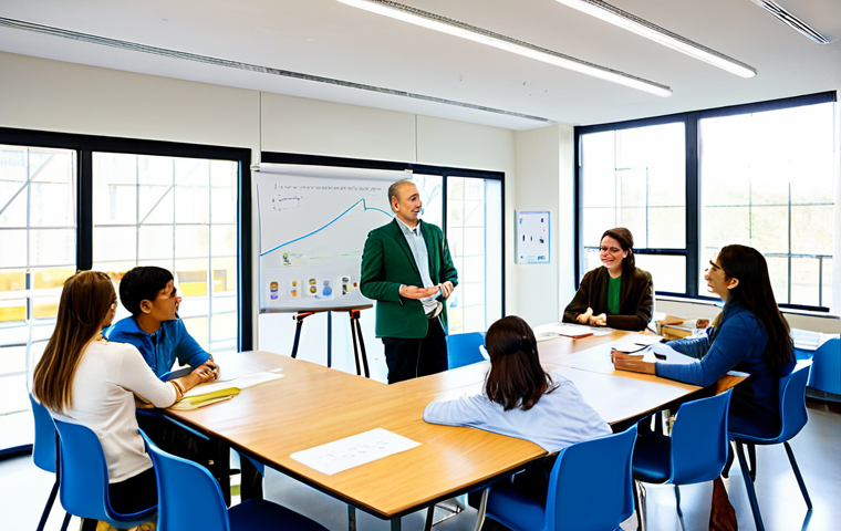 A diverse group of adult students, male and female, of various ethnicities, engaged in a collaborative learning session. Each student is fully clothed in professional yet practical, modest casual attire, such as neat shirts, blouses, trousers, and skirts. They are in a bright, modern university classroom or training center. The room features large windows, ergonomic tables, and whiteboards displaying complex diagrams related to renewable energy systems and sustainable design. Small, clean models of wind turbines and solar panels are visible on a table, suggesting hands-on learning. The atmosphere is collaborative and focused, depicting individuals acquiring vital green skills for a sustainable future. perfect anatomy, correct proportions, natural poses, well-formed hands, proper finger count, natural body proportions, professional photography, high quality, appropriate content, safe for work, fully clothed, modest, family-friendly.