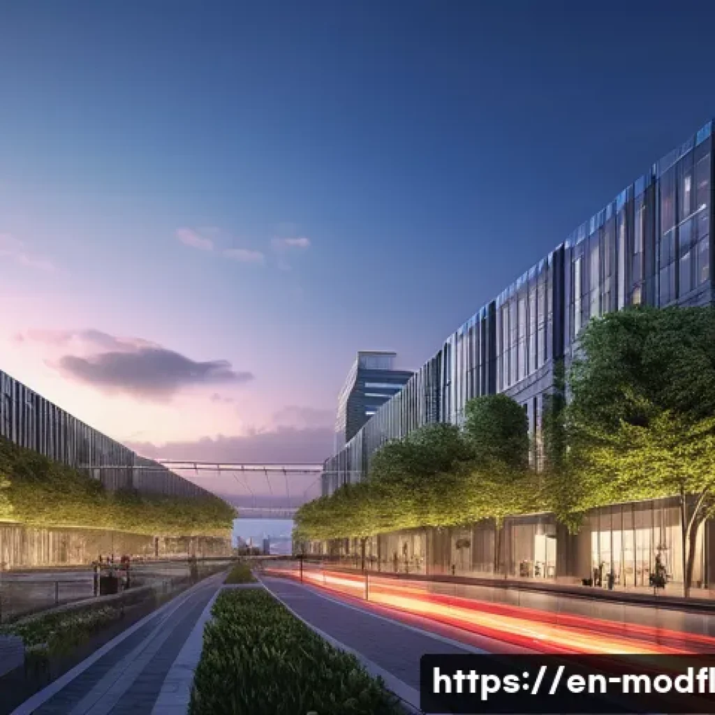 넷제로 전환 경제 모델의 성공 요인 - **Prompt:** A sprawling, futuristic city skyline at dawn, showcasing a harmonious integration of adv...