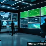 Home 19 넷제로 전환 경제 모델의 성과 분석 - A futuristic, high-tech control room displaying real-time environmental data on multiple transparent...