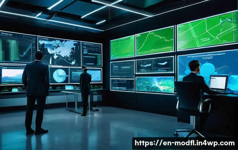 넷제로 전환 경제 모델의 성과 분석 - A futuristic, high-tech control room displaying real-time environmental data on multiple transparent...