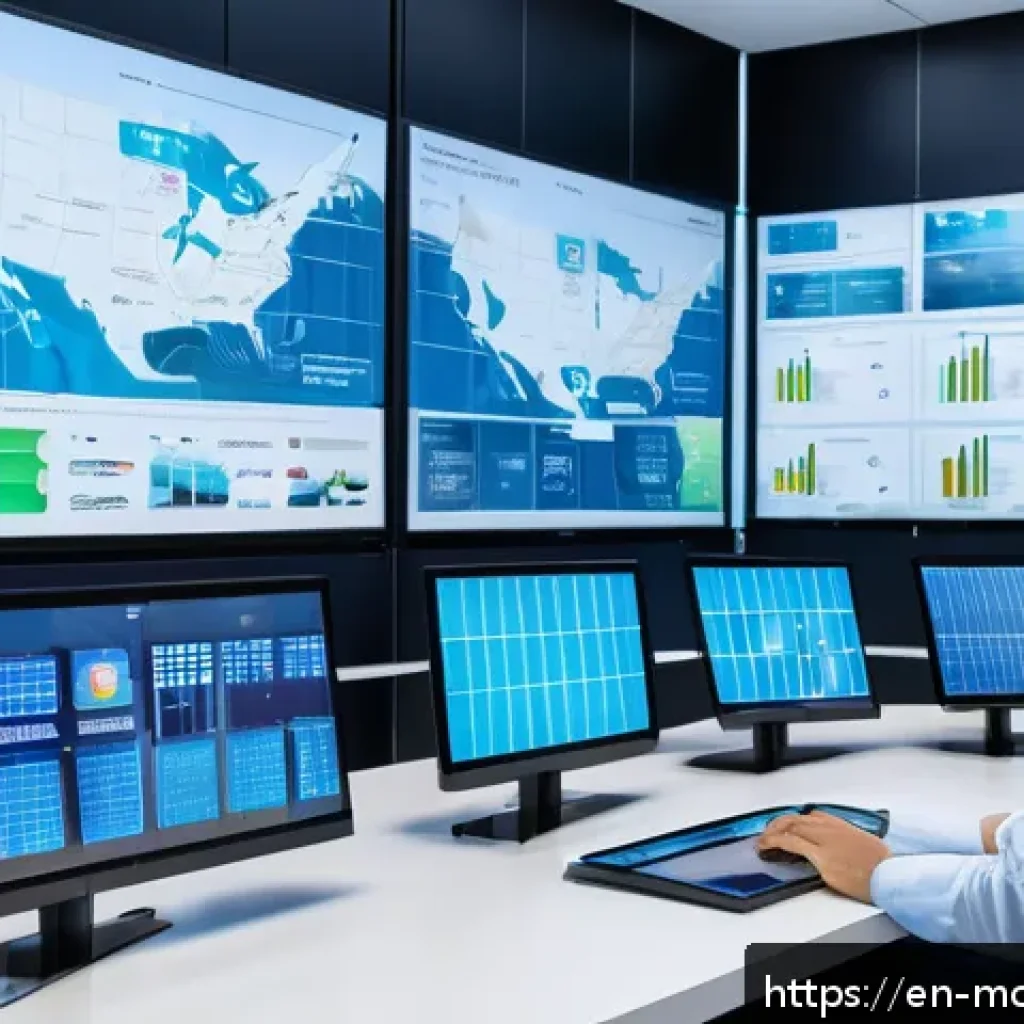 넷제로 경제 모델의 물리적 인프라 요구사항 - A futuristic smart grid control center with multiple large digital screens displaying real-time ener...
