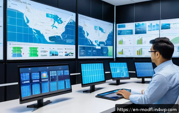 넷제로 경제 모델의 물리적 인프라 요구사항 - A futuristic smart grid control center with multiple large digital screens displaying real-time ener...