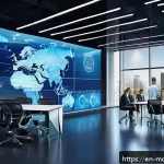 Home 20 넷제로 전환을 위한 파트너십 구축 - A dynamic, futuristic conference room where diverse professionals from technology, renewable energy,...
