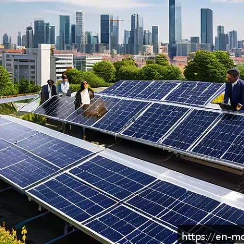 Home 31 넷제로 전환을 위한 재정 모델 설계 - A modern urban rooftop solar farm operated by a diverse group of community members, featuring photov...