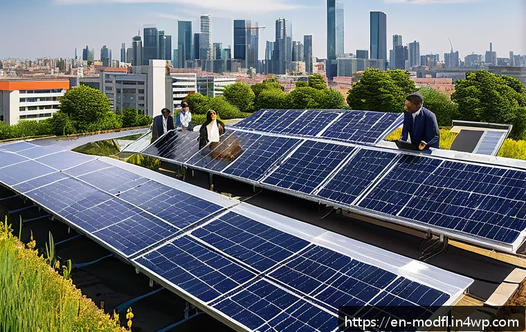 넷제로 전환을 위한 재정 모델 설계 - A modern urban rooftop solar farm operated by a diverse group of community members, featuring photov...
