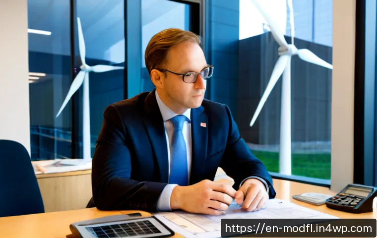 넷제로 경제 모델의 자산 평가 - Photorealistic financial analyst at a modern American investment office assessing net-zero infrastru...